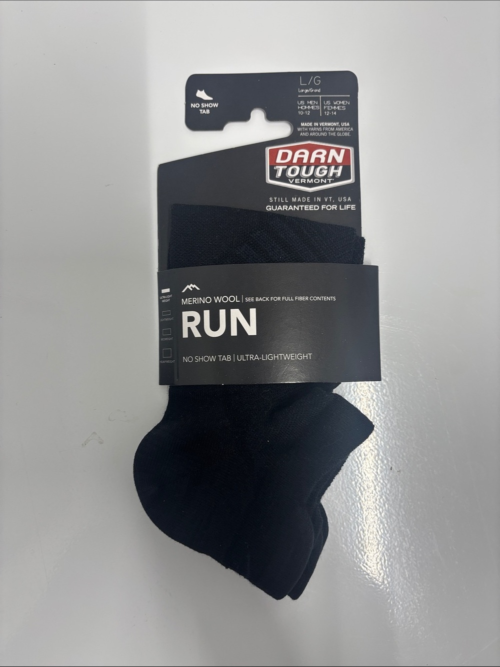 Darn Tough RUN Merino Wool No-Show Socks style 1033 black large NWT